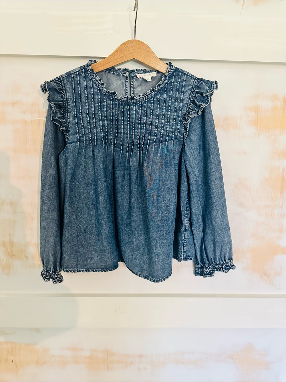 Crewcuts Denim Pintuck Ruffle Blouse - Blue